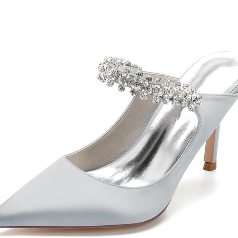 Silver Rhinestone Embellished Wedding Heels Mules